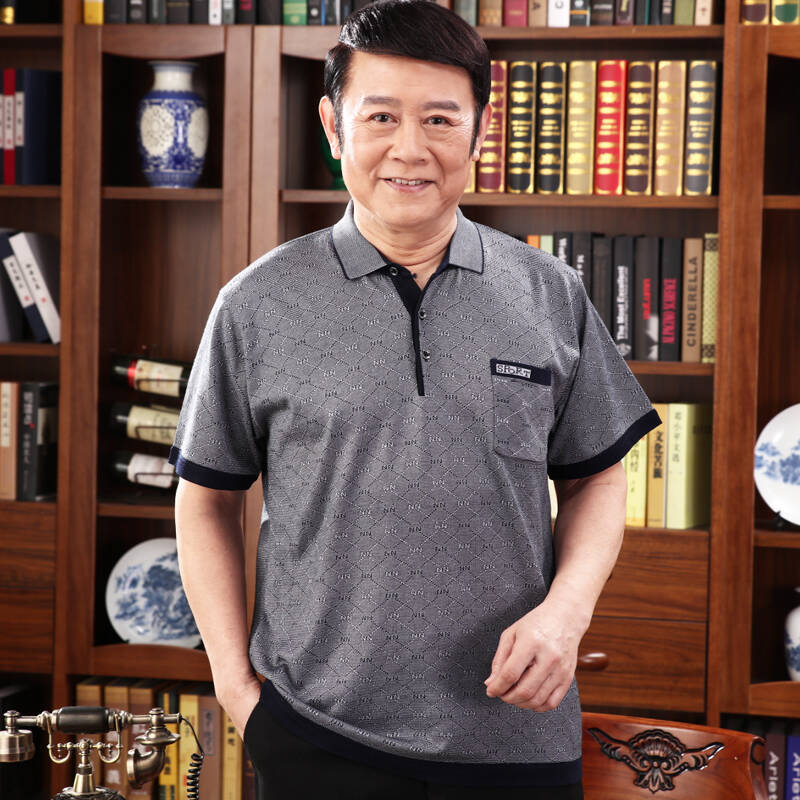 梦梵莎新款中老年短袖t恤男夏季中年男士polo衫夏装老人条纹翻领体恤