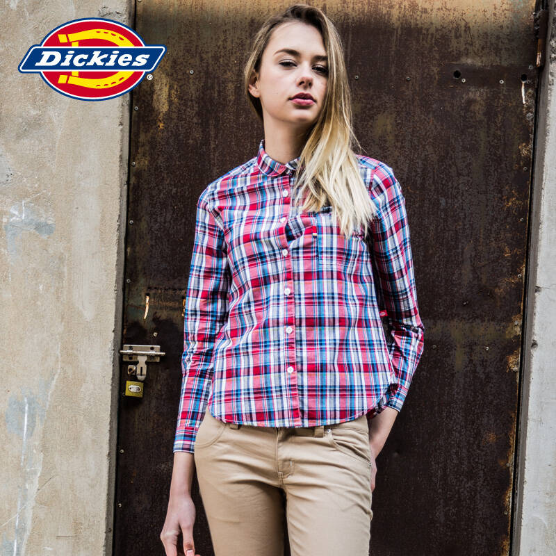 dickies女式棉细平布格子长袖衬衫dk154 ryn红黄海军蓝 (l) 165/88a