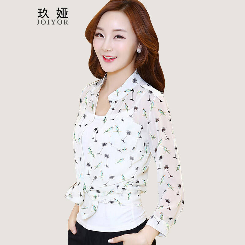 玖娅2015韩版碎花两件套雪纺小衫 印花长中袖衬衫 带吊带 xf082 白底