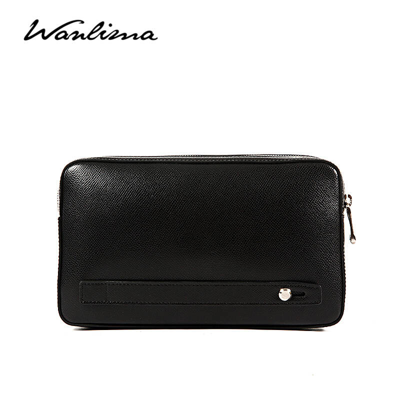 万里马(wanlima)男士手拿包 简约商务大容量牛皮手包多功能 黑色