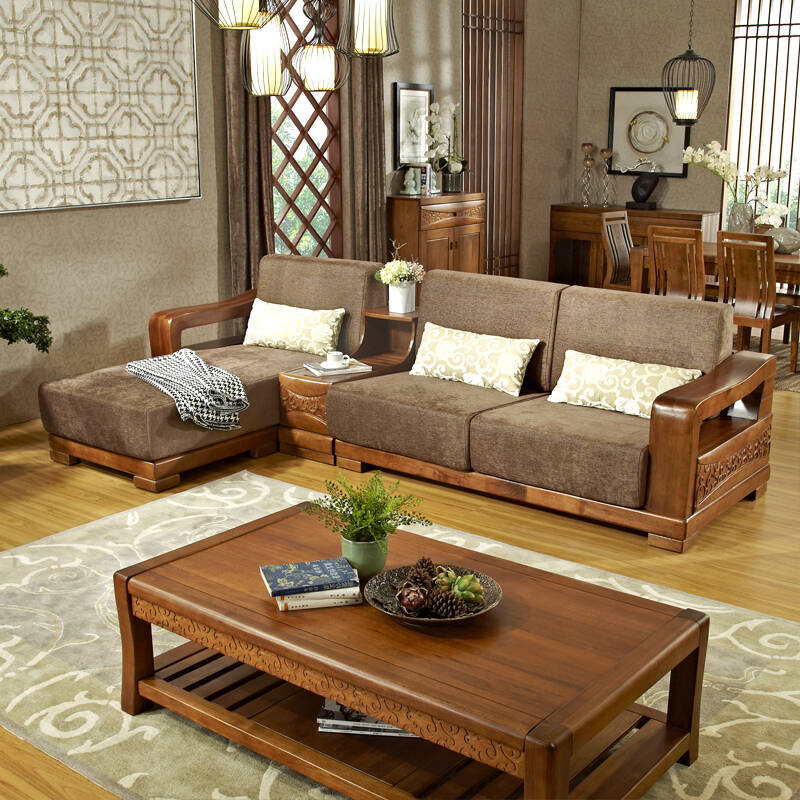 作木坊 实木沙发家具 客厅转角贵妃沙发 实木布艺沙发