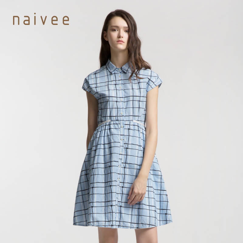 【专柜款】naivee/纳薇女装2016夏季专柜新品条格印花x型连衣裙女