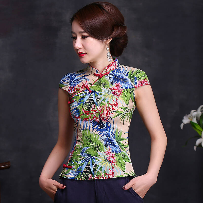 凤栖梧2016夏季新款棉麻旗袍上衣 复古立领亚麻短袖唐装上衣16103