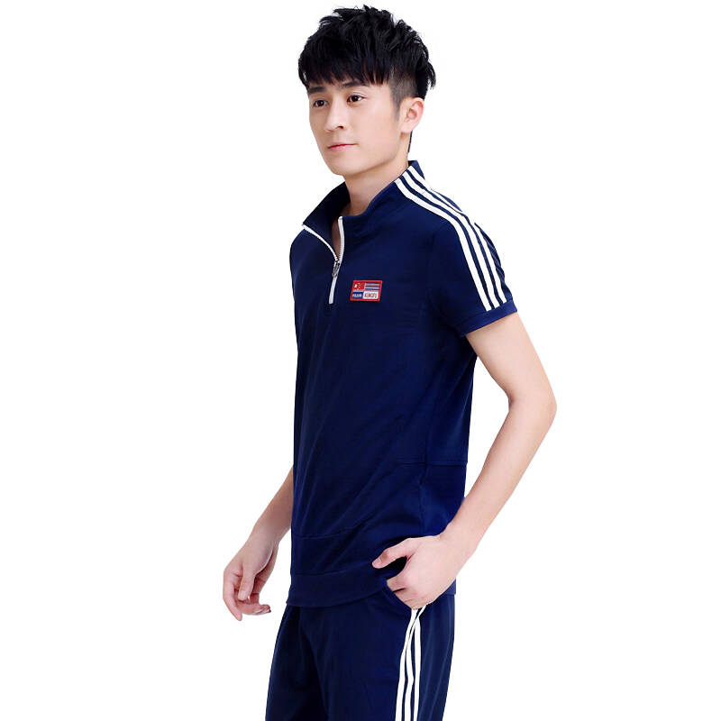 短袖套装运动服女男休闲服5518 男宝蓝白条 m