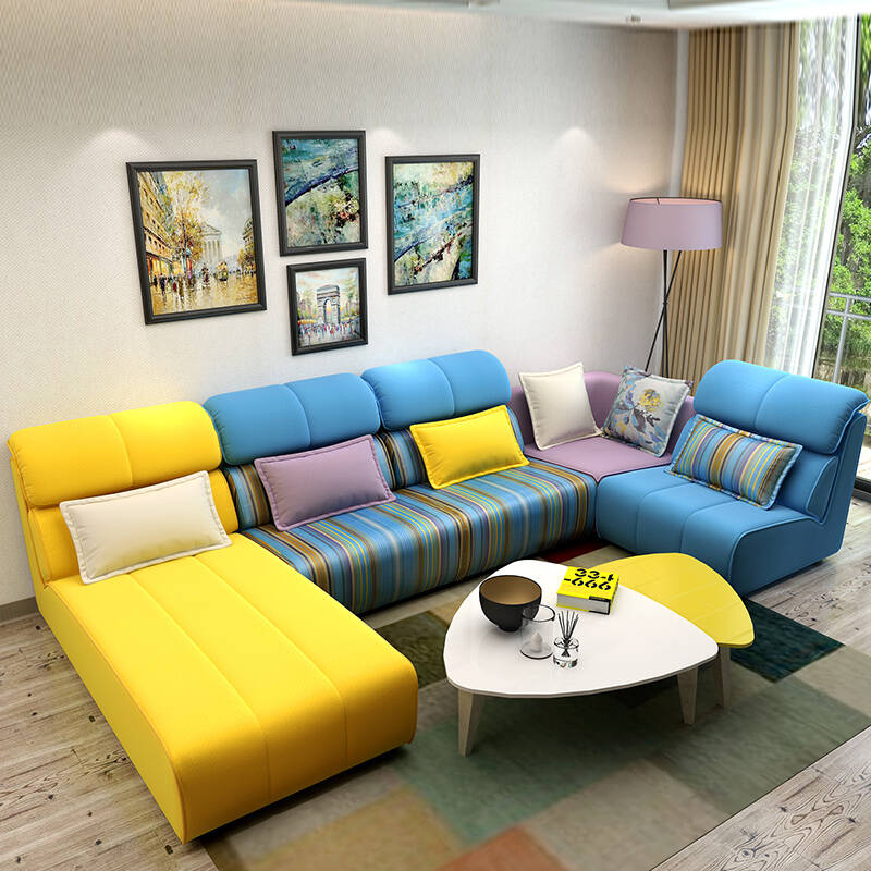 六方家私 沙发 布艺沙发 实木多彩拼色沙发组合 大小户型客厅家具 左
