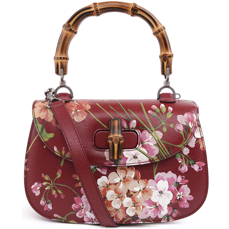 gucci 古驰 女士bamboo shopper系列樱桃红花朵印花皮革