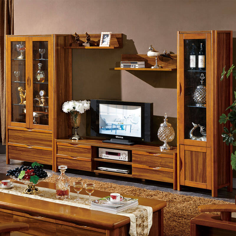 直觉家居 橡木厅柜组合 柚木色电视柜地柜单双门酒柜组合 板木结合