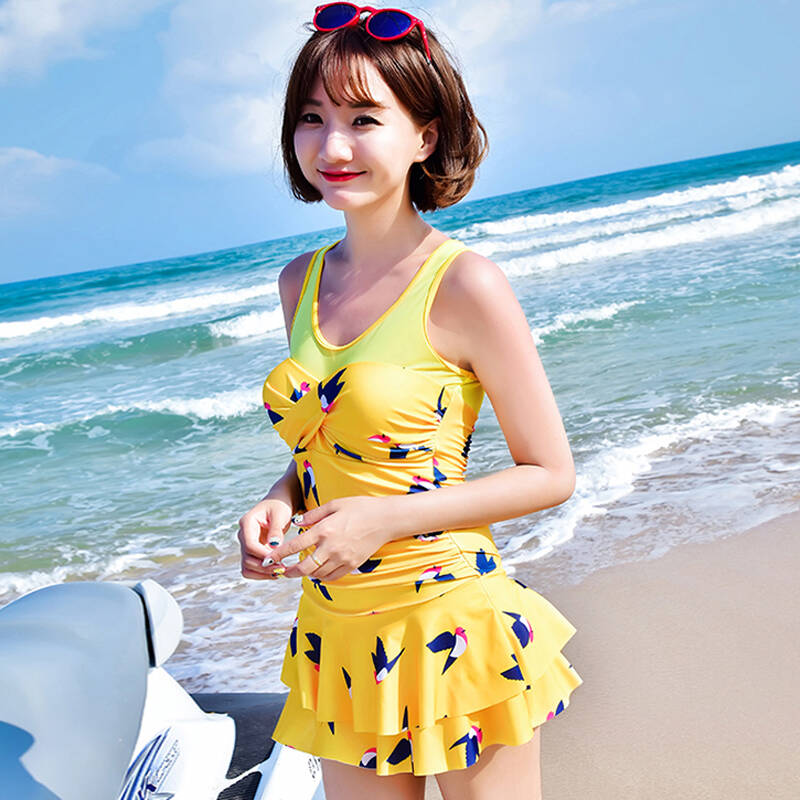 海波特连体泳衣女裙式显瘦遮肚保守连体钢托小胸聚拢大码泳装 黄色