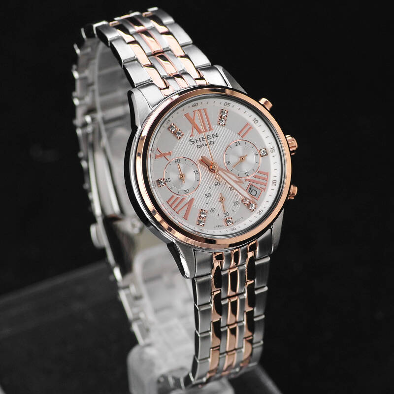卡西欧(casio)女表 sheen优雅系列时尚间金镶钻三眼复古石英手表 she