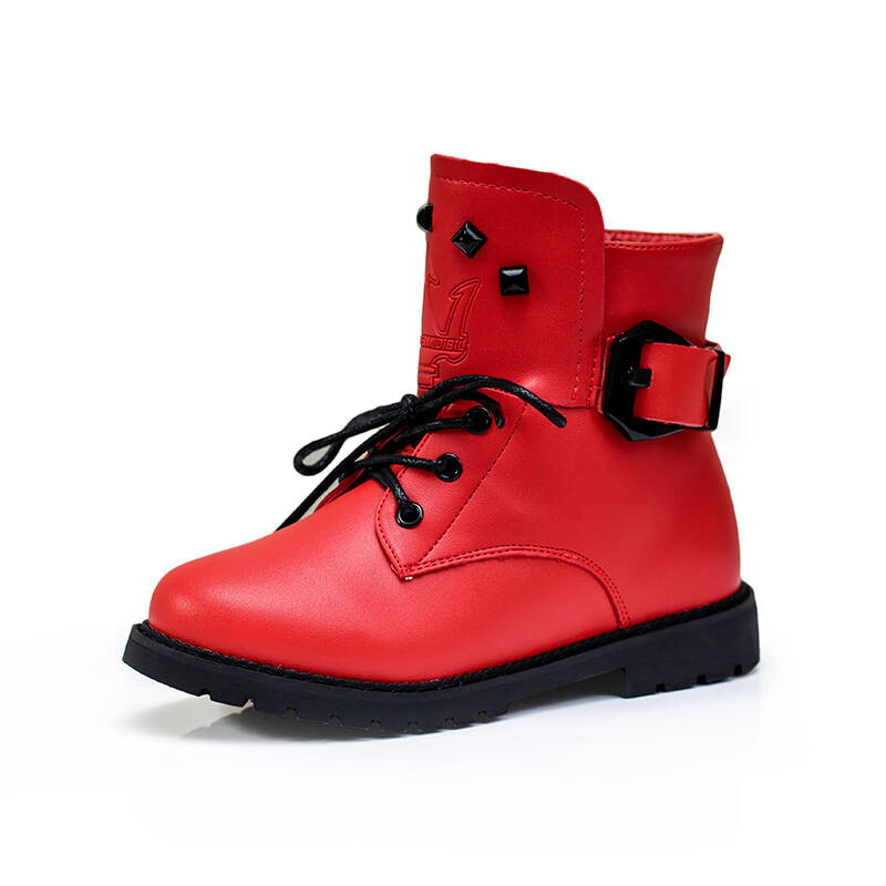 冬款韩版儿童鞋男童女童中大童靴子柳钉马丁靴内里加绒雪地靴 红色 32