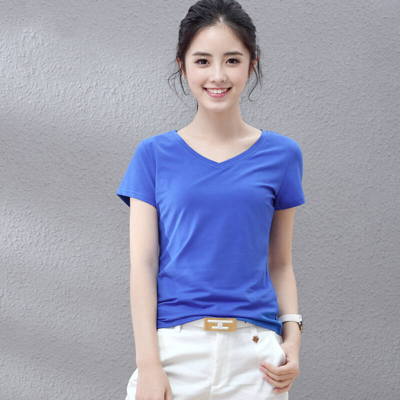 2016夏装新款纯棉t恤女短袖v领上衣韩版修身纯色体恤衫tx3560 深蓝色