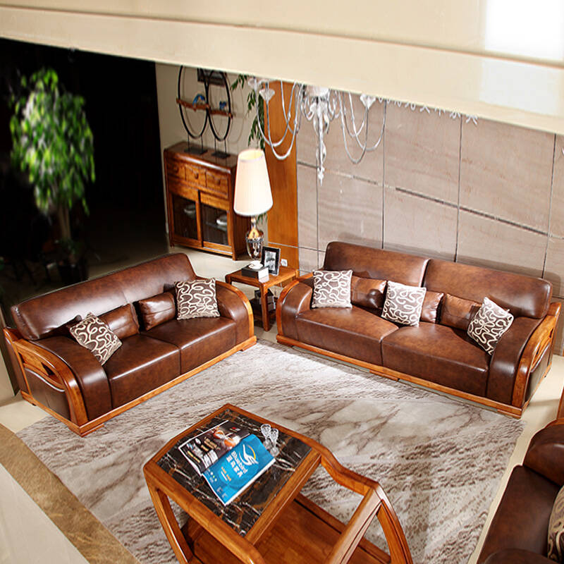 a家家具 奢华实木真皮沙发组合 纯实木真皮坐垫别墅客厅沙发 双人位