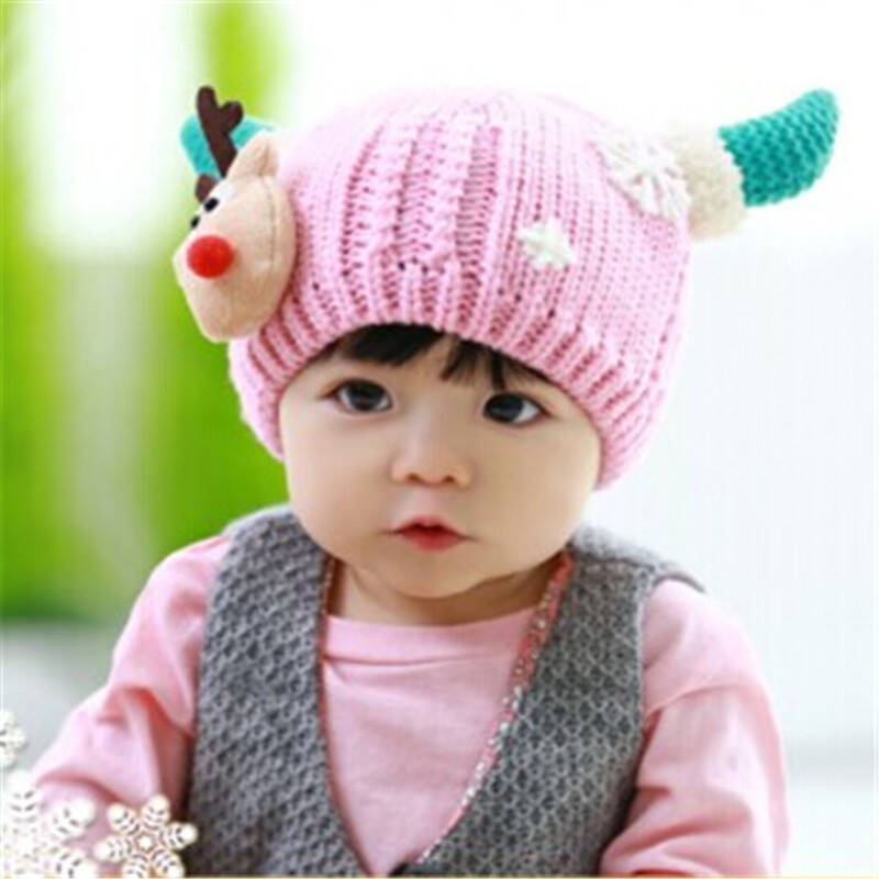 秋冬季新款圣诞麋鹿雪花男女儿童帽子 可爱超萌保暖宝宝毛线帽子0-3岁