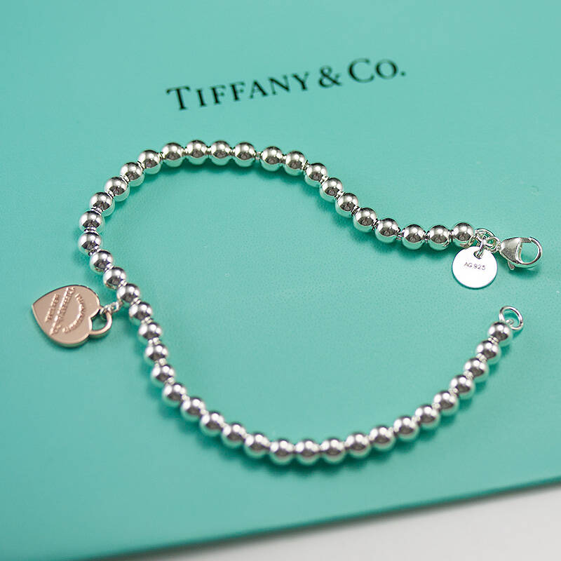 蒂芙尼 tiffany & co 纯银双面 heart tag配珠圆珠手链女生情人节礼物