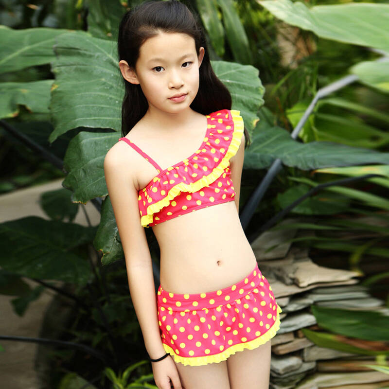 多喜贝尔2015新款女童单肩比基尼分体裙式三角泳衣中大童泳装512 红色
