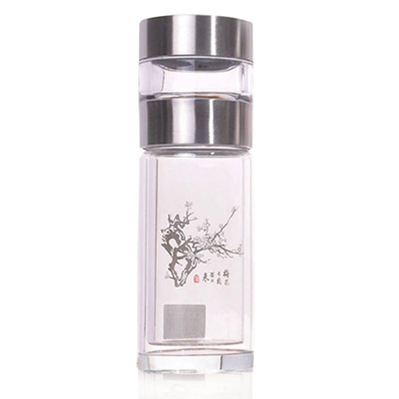 泡茶师 带茶仓双层隔热耐用工艺玻璃杯 260ml 傲雪寒梅银色