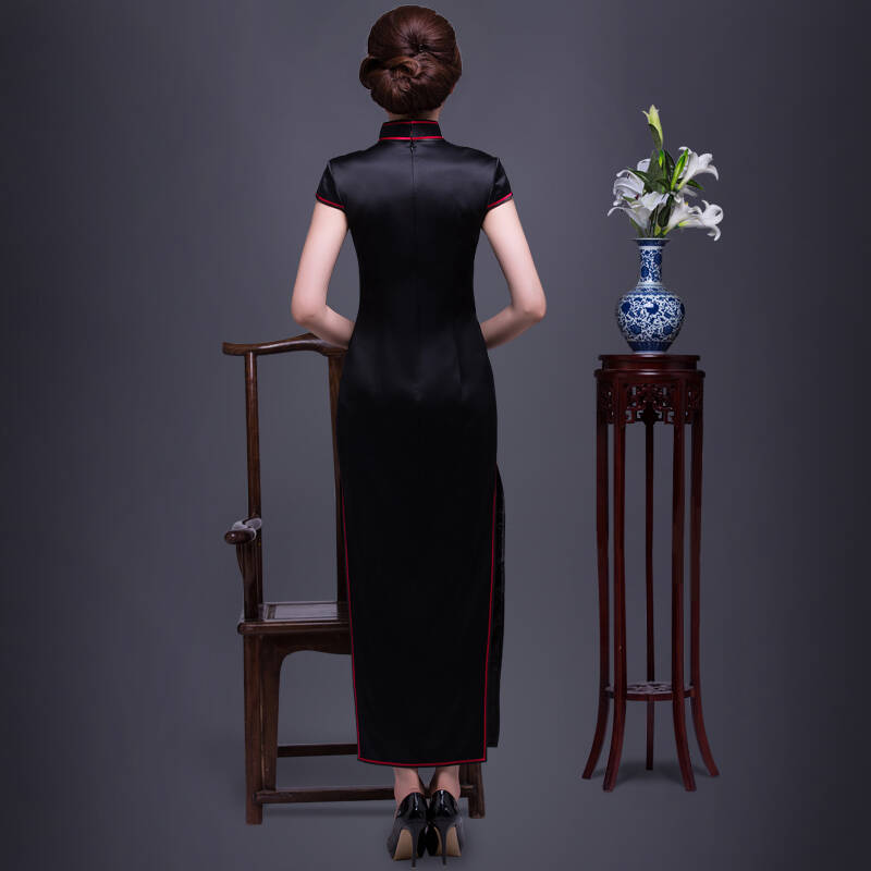 柏阑重磅真丝旗袍长款 高档手工立体绣花黑色妈妈装旗袍裙 黑色 s