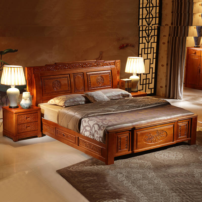 公熊家具 全实木床中式古典雕花实木床橡胶木1.5米1.