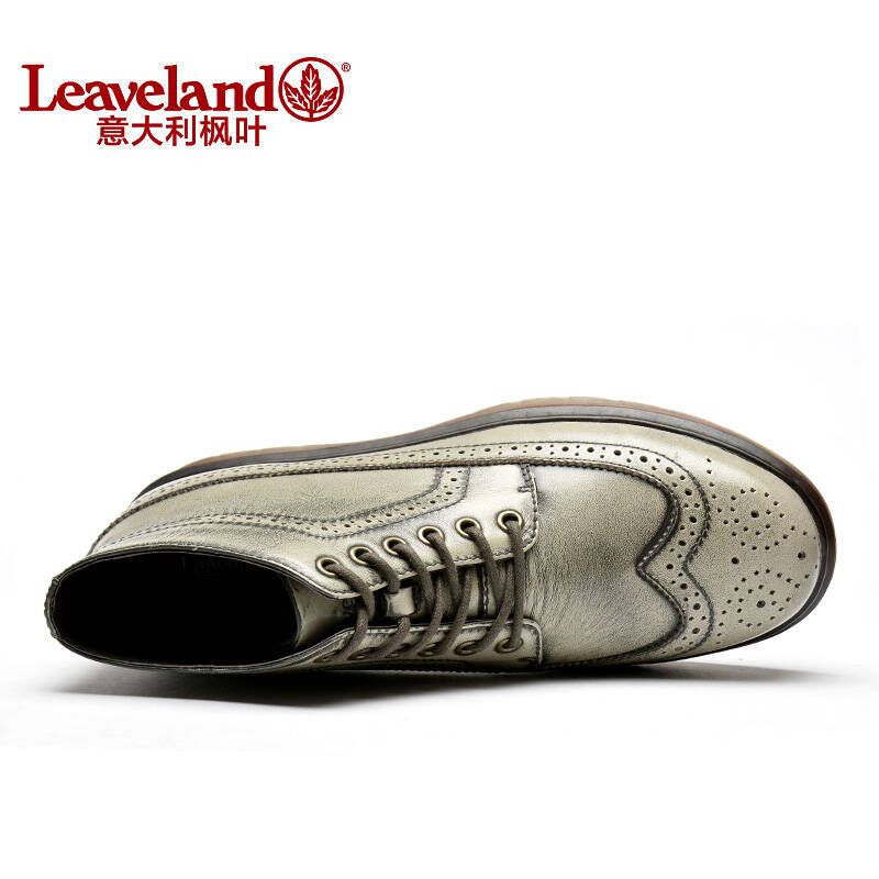 意大利枫叶(leaveland)英伦布洛克皮靴加绒棉鞋休闲男图片