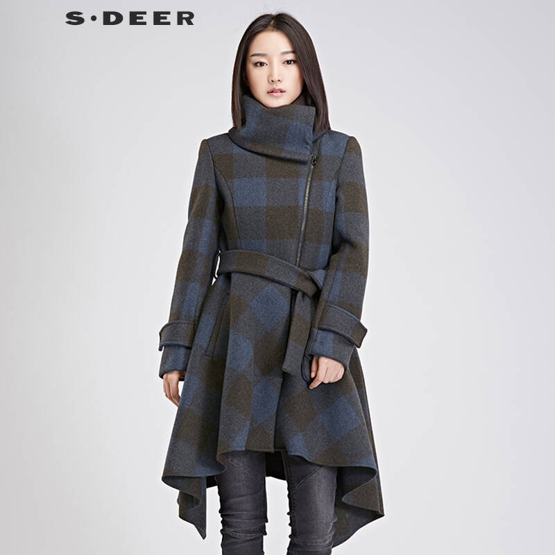 圣迪奥 sdeer 2015冬装新款女装气质翻领格纹毛呢大衣