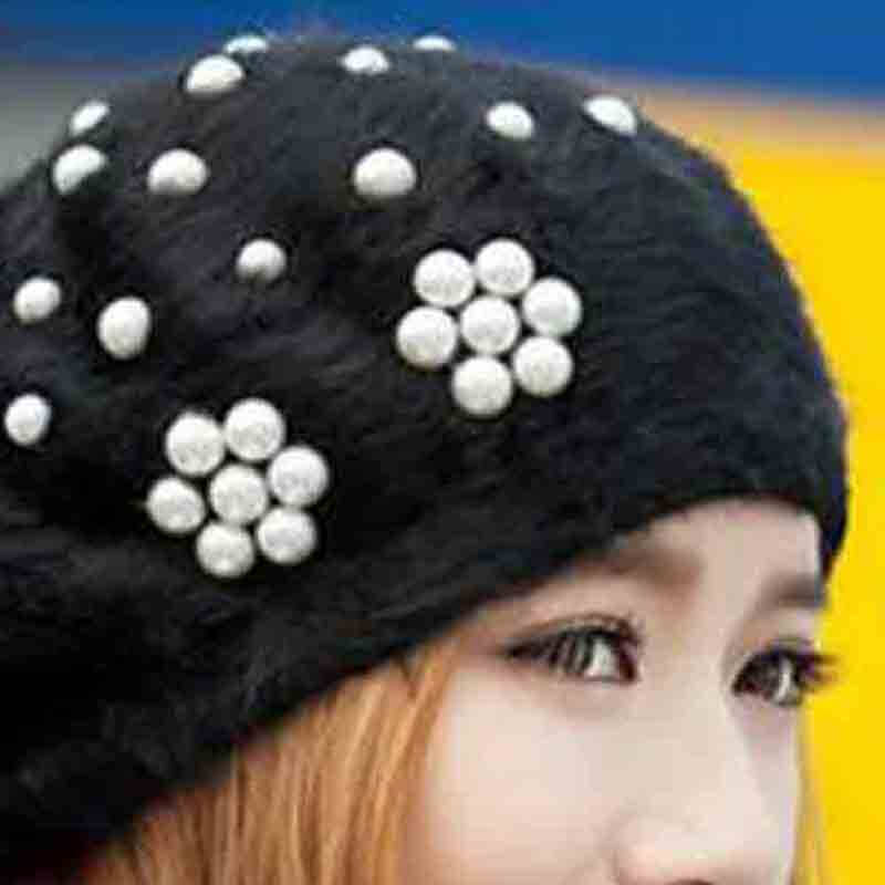 韩版可爱珍珠贝雷帽毛线画家帽兔毛针织帽 女 冬季保暖帽 wmz142172
