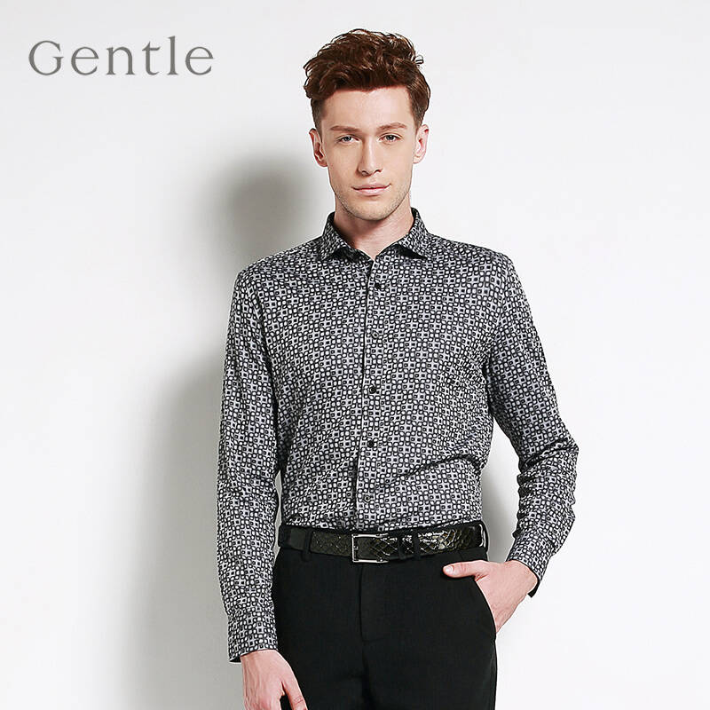 爵度gentle男装长袖衬衫 2015秋冬新品 男士纯棉时尚印花衬衫 黑色 54