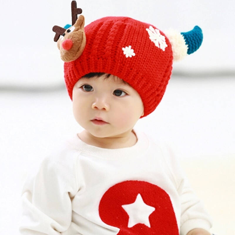 秋冬季新款圣诞麋鹿雪花男女儿童帽子 可爱超萌保暖宝宝毛线帽子0-3岁
