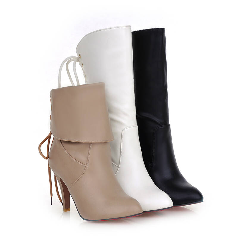 悦己life欧美尖头中筒靴流苏细跟高跟翻领两穿女靴子3340码yja-132