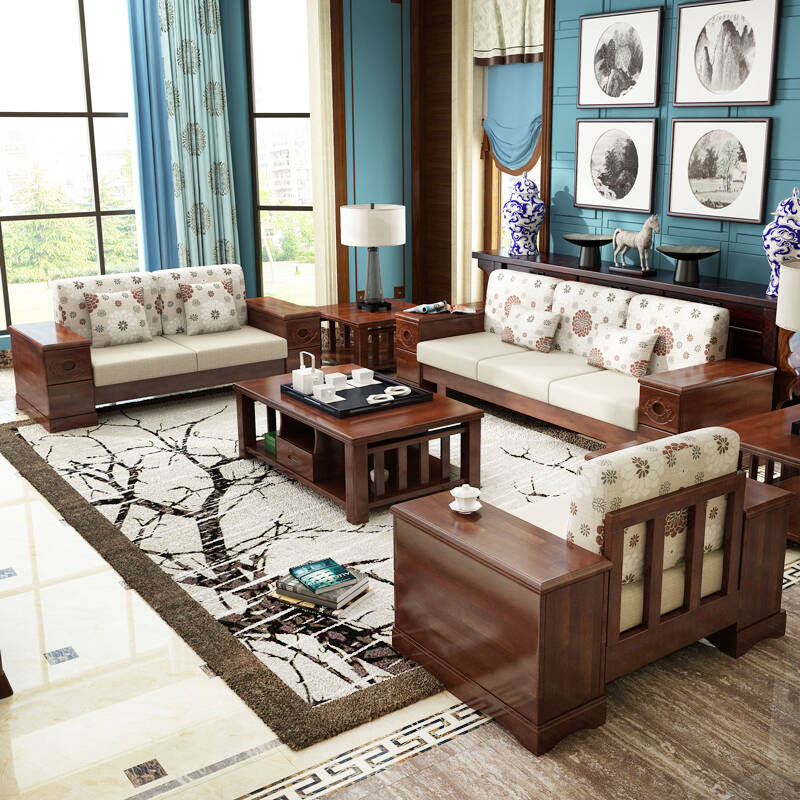 丽巢 实木沙发 现代中式客厅家具实木沙发组合橡胶木实木布艺沙发