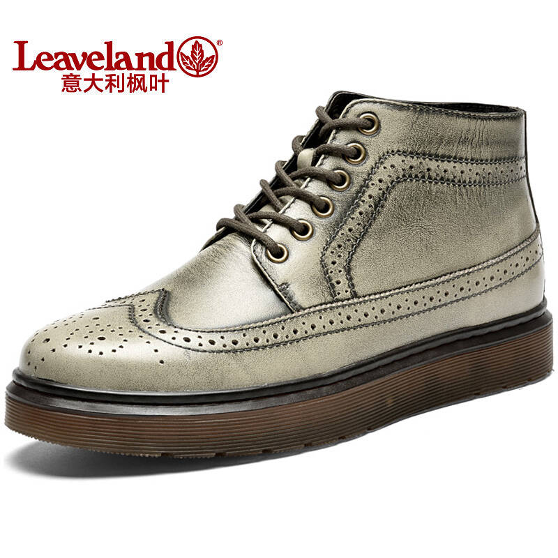 意大利枫叶(leaveland)英伦布洛克皮靴加绒棉鞋休闲男图片