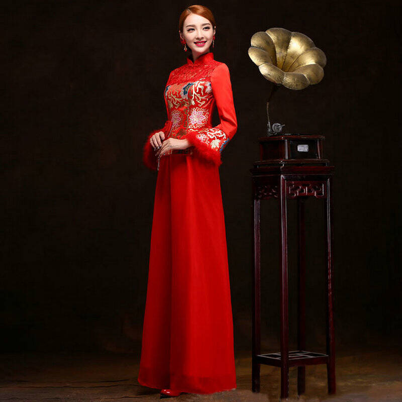 尚优彩帛红色敬酒服新娘长款2014新款嫁衣 结婚婚礼服