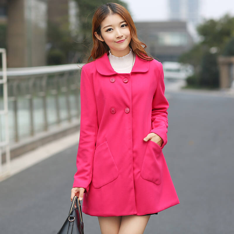 女士呢外套2014秋冬新款毛呢外套韩版中长款女装外套大衣 玫红色 s