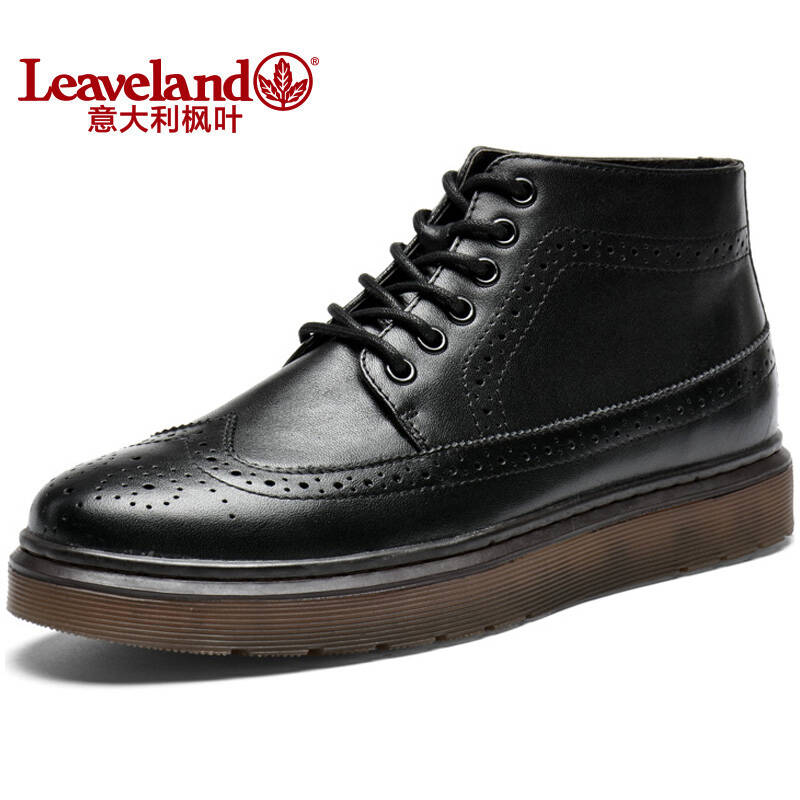 意大利枫叶(leaveland)英伦布洛克皮靴加绒棉鞋休闲男图片