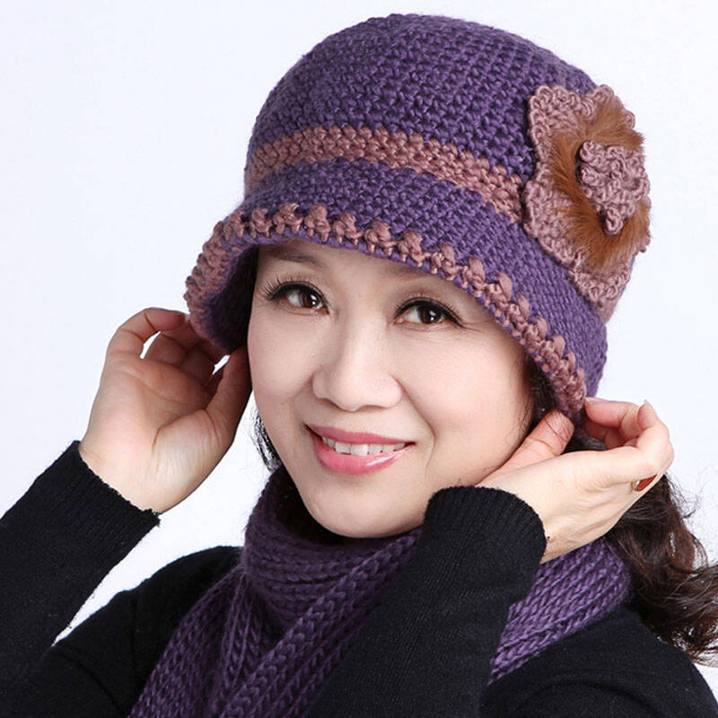 舒贝思 秋冬新款中老年女帽子围巾两件套 冬季妈妈毛线针织帽子 保暖