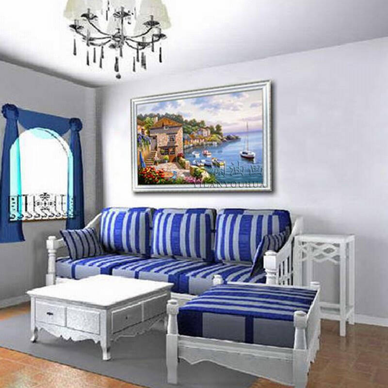 艺澜冷色调大海边建筑 纯手绘油画 有框画风景地中海装饰壁画dh33 纯