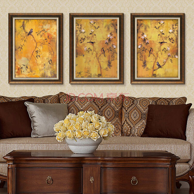 雅创 美克美家欧式美式客厅卧室装饰油画壁画有框画 幸福小鸟 复古黑