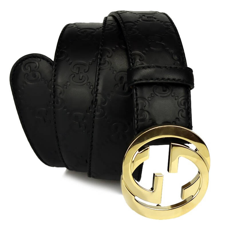 gucci 古驰 男式黑色真皮logo压纹金色板扣式腰带皮带