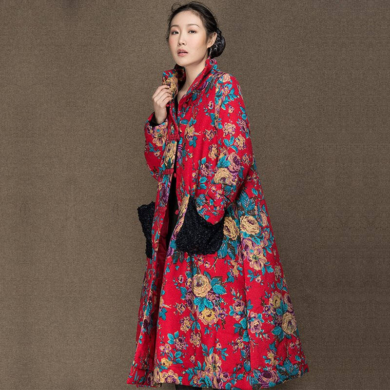 吉丘古儿花弄影民族风女装冬装棉服 复古立领印花棉衣