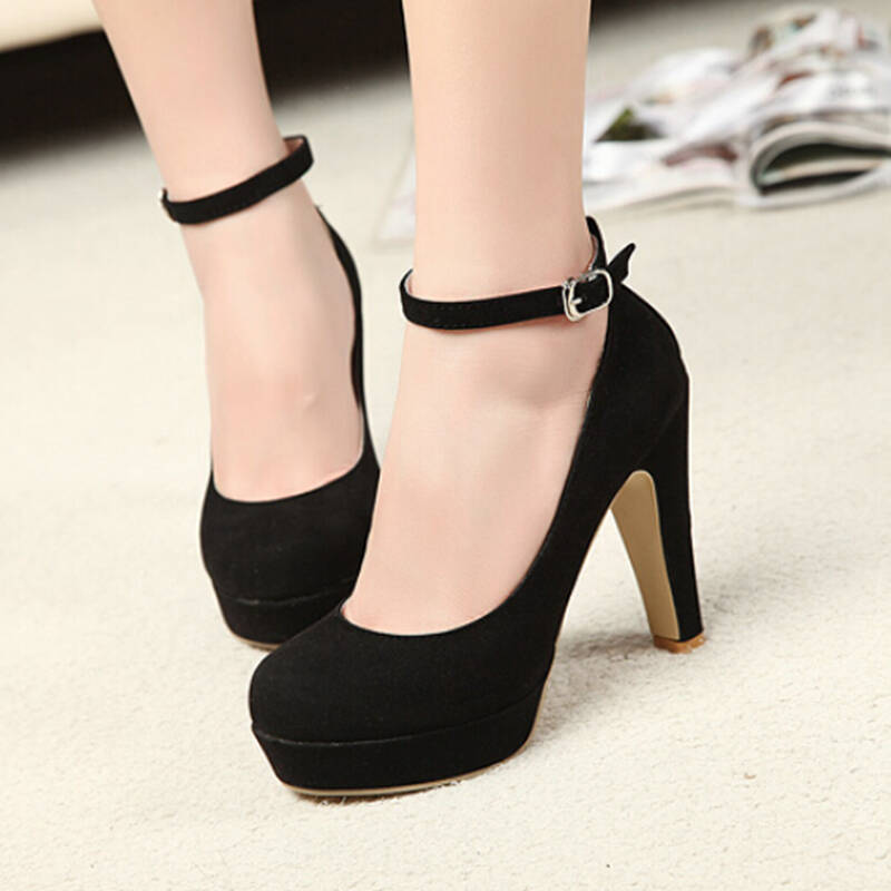 女孩脚度 韩国公主粗跟高跟鞋单鞋 防水台一字式扣带女鞋 跟高12cm