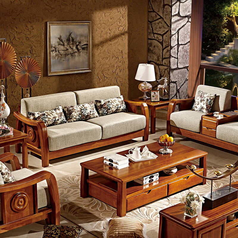 缔卓 实木沙发 中式高端楠木功能沙发家具 时尚布艺沙发组合 三人位