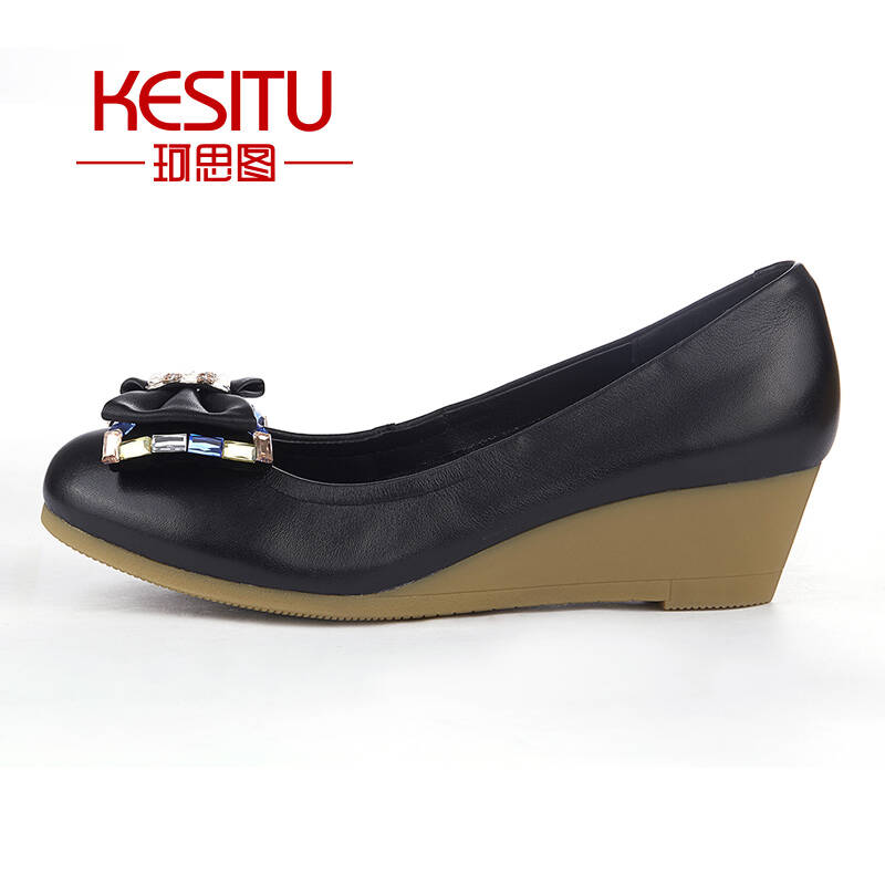 香港珂思图kesitu2015春秋款牛皮单女鞋浅口蝴蝶结圆头坡跟鞋011-2