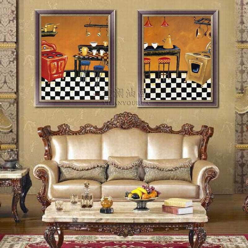 装饰画两拼咖啡厅酒吧西餐厅专业定制挂画mj142 纯手绘油画 70*120cm