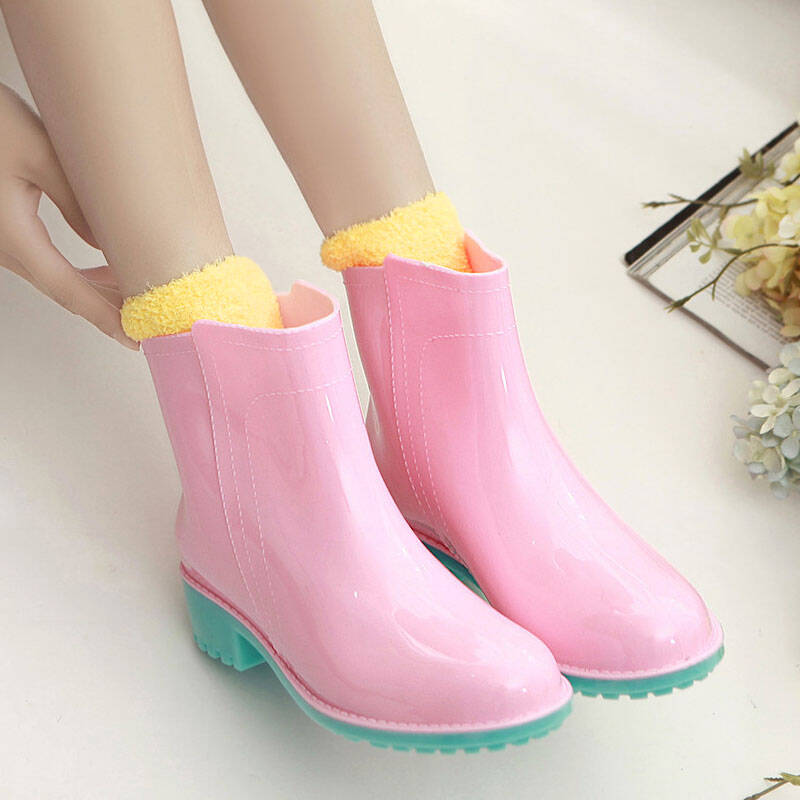 果冻鞋雨靴 韩版杂志新款短筒水鞋 (加棉)马丁撞色粉色 39