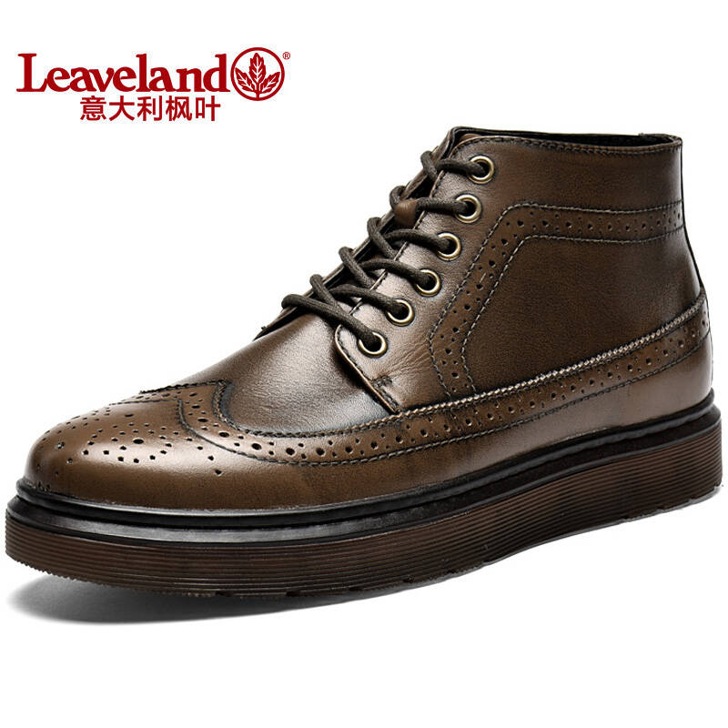 意大利枫叶(leaveland)英伦布洛克皮靴加绒棉鞋休闲男图片