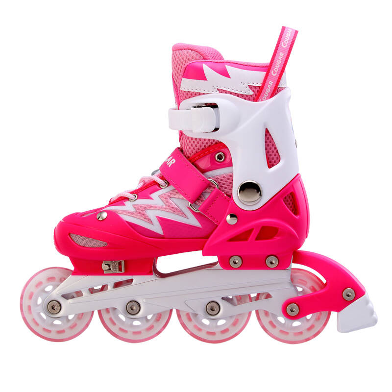 美洲狮轮滑鞋儿童套装溜冰鞋男女可调旱冰鞋滑冰鞋闪光 粉红鞋 护具