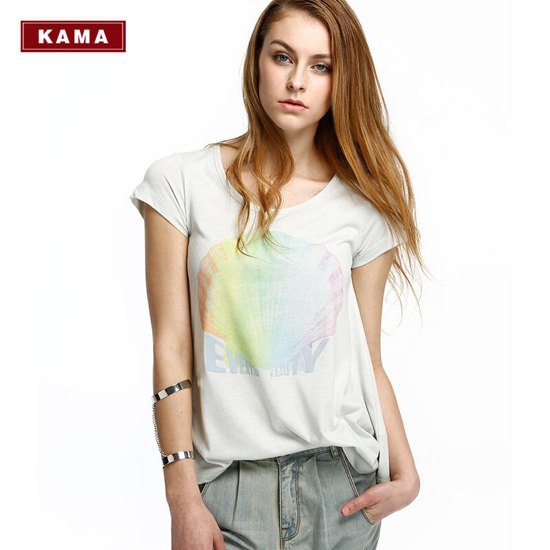 kama 卡玛夏季潮女装 时尚圆领清凉薄款宽松短袖休闲t恤 7214562 灰色