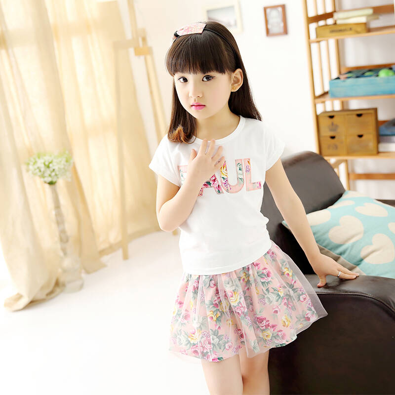 童装女童夏季套装2015新款儿童夏装中小童女孩碎花裙子短袖两件套 深
