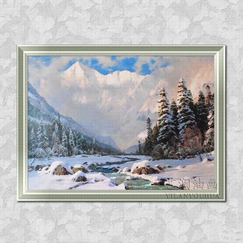 艺澜雪景松树冰山雪地风景油画 纯手绘油画定制 客厅软装饰画yj85 纯