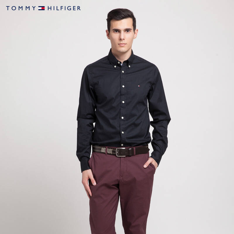 tommy hilfiger 品牌logo长袖衬衫(合身版)| 0857872321ls 083黑色 xs