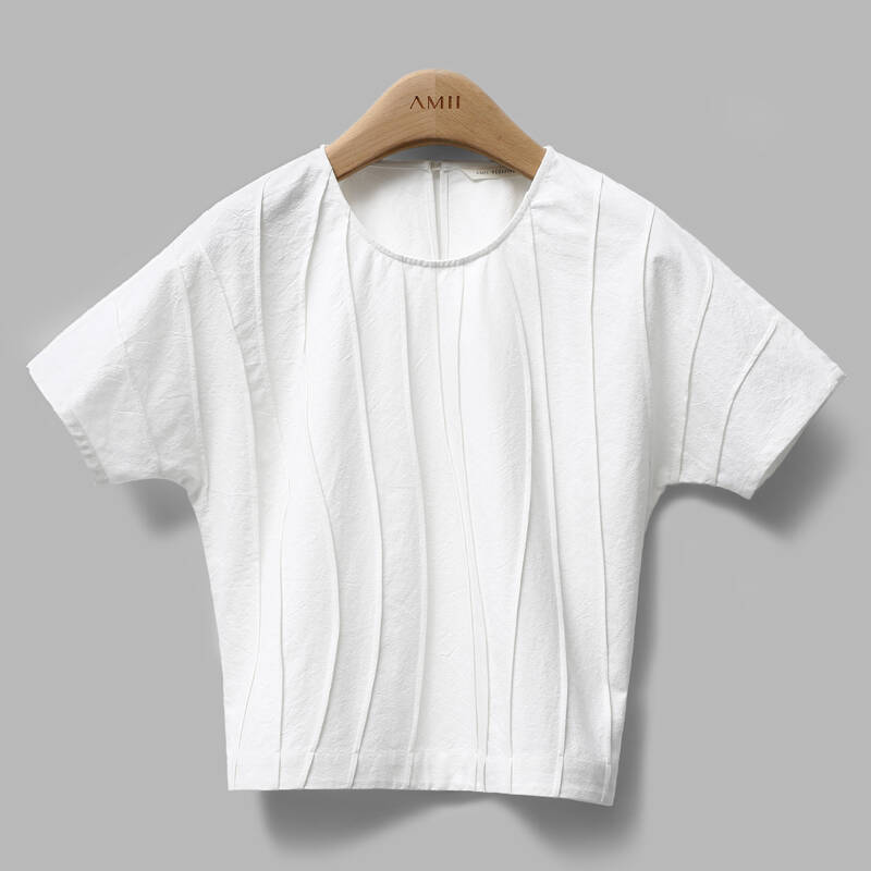amiiredefine2016夏新品圆领连袖不规则细褶大码棉t恤
